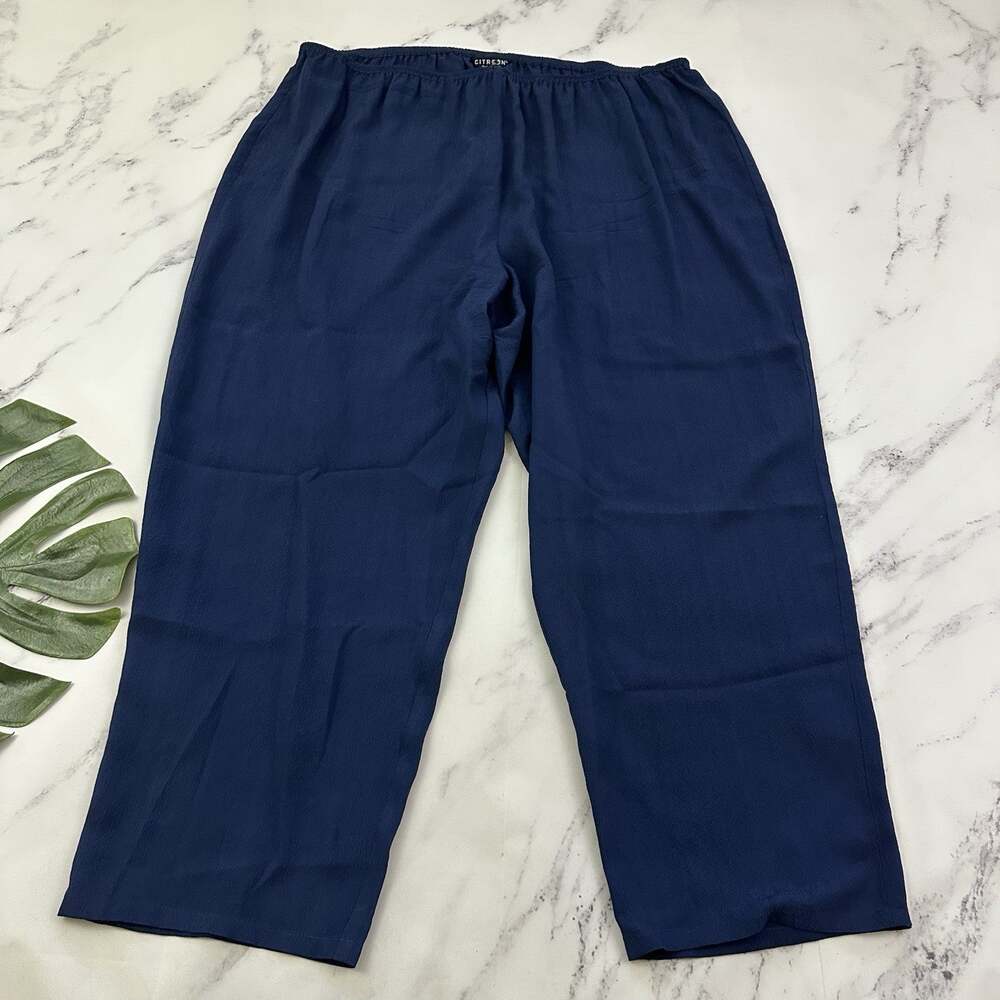Citron Santa Monica Womens Wide Leg Pant Plus Size 2x Navy Blue Silk Pull On